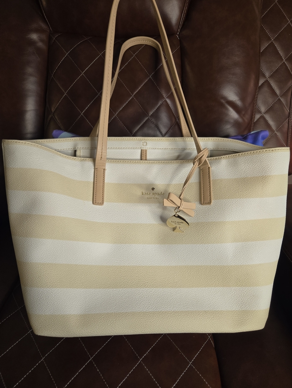 Kate Spade Cream and Tan Striped Tote with Bow Charm